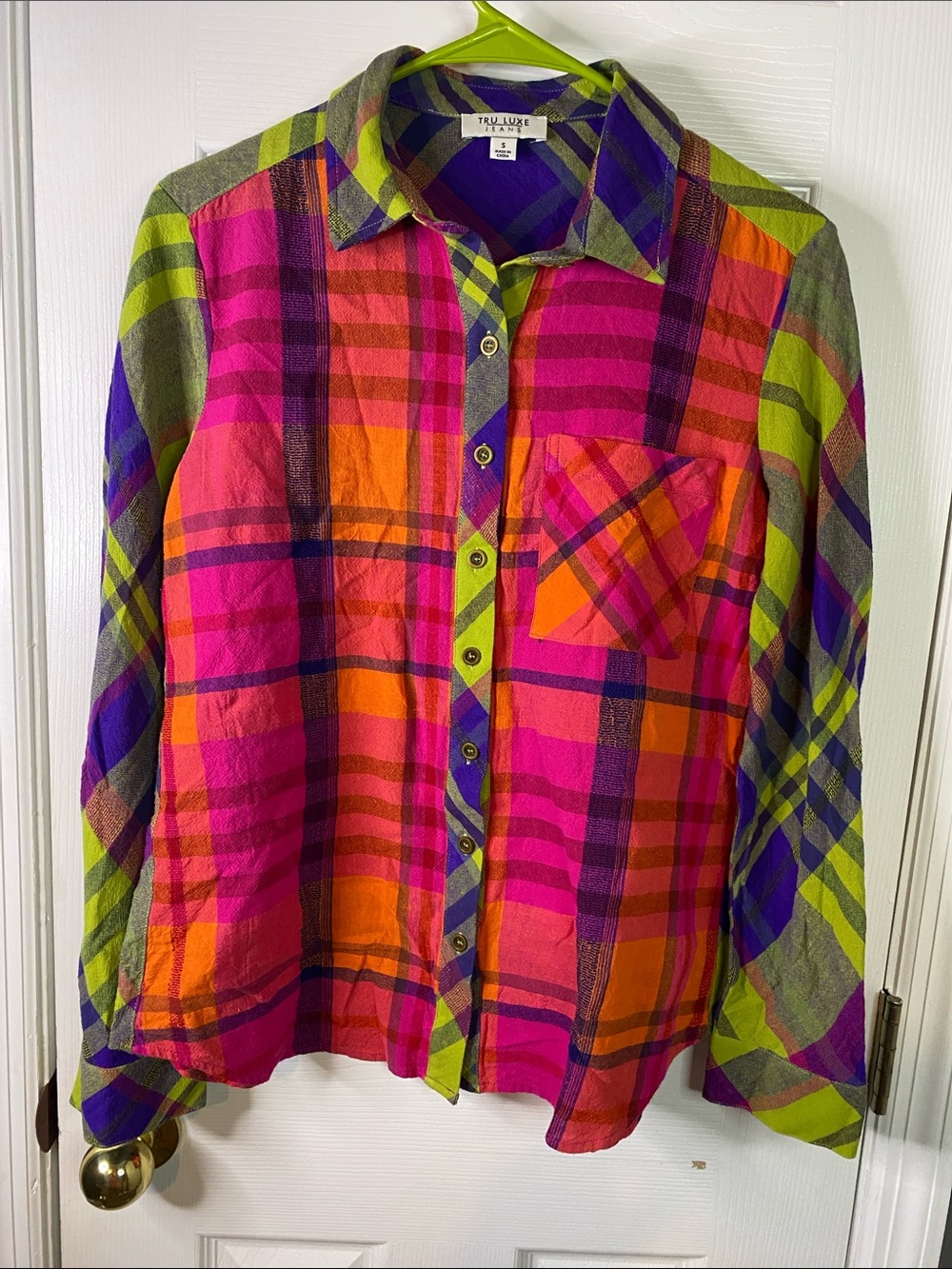 Tru Luxe Jeans Bright Pink, Orange & Lime Plaid Button-Down Shirt Size Small.